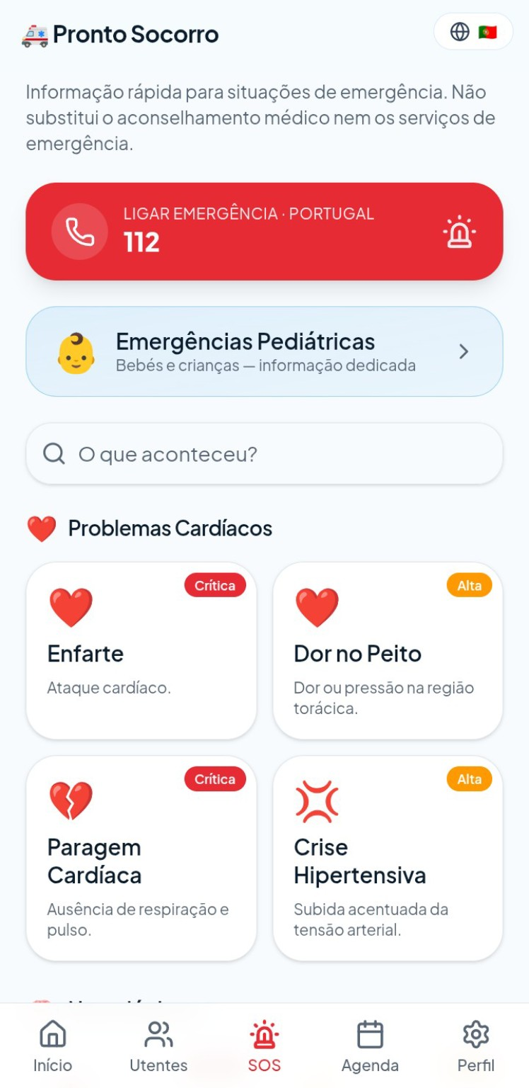 Ecrã inicial do Pronto Socorro do VidaPass QR com botão de chamada 112 e categorias de emergências