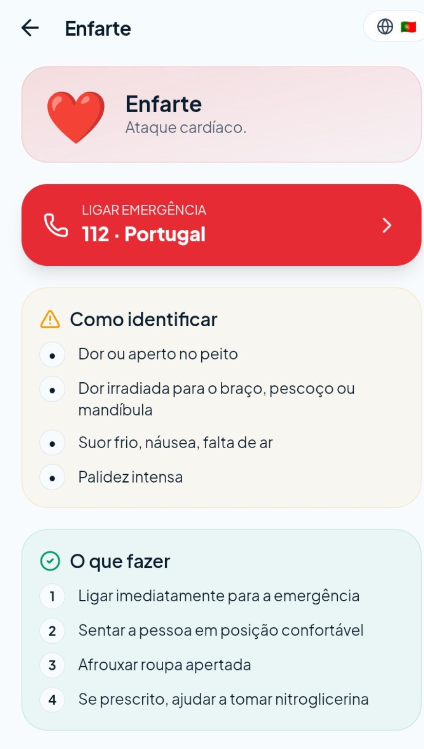 Ecrã de uma emergência específica no VidaPass QR, com sinais para identificar e passos do que fazer